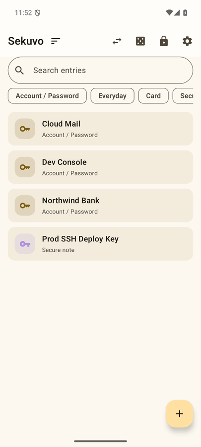 Sekuvo on a phone: the entry list, an entry's details and typing a password to a computer over Bluetooth. Every value shown is generated randomly in this page.